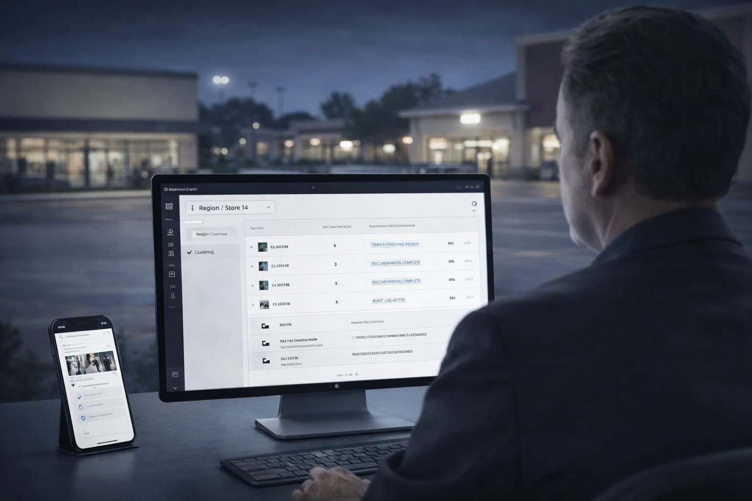 Person at a desk viewing a security dashboard on a monitor and mobile device