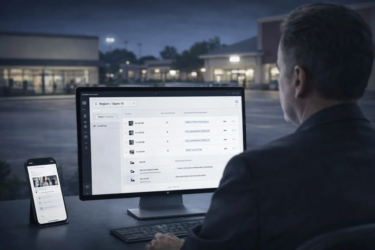 Person at a desk viewing a security dashboard on a monitor and mobile device